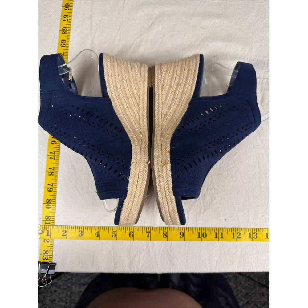 Liz Claiborne Wedge Sandals Womens 9M Navy Blue Boho Laser Cut Espadrille Heels